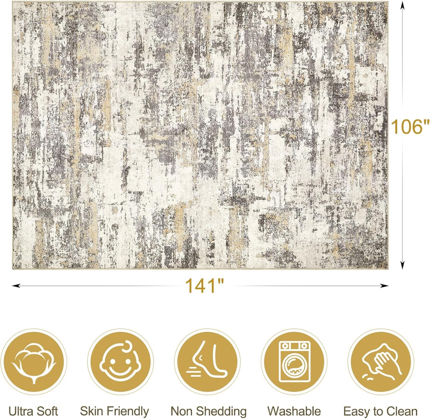 Area Rugs for Living Room: 9X12 Abstract Washable Rug Modern Neutral Large Soft Stain Resistant Non-Slip Backing Machine Table for Bedroom Dining Room Indoor Home Office Carpet - Gold Brown