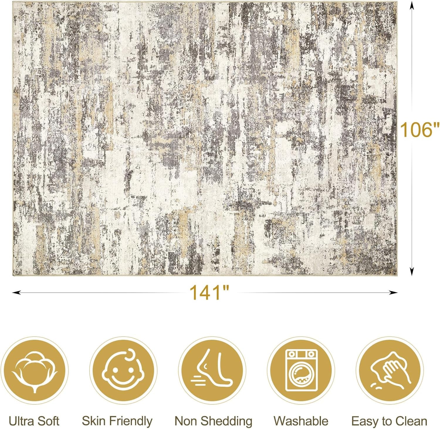 Area Rugs for Living Room: 9X12 Abstract Washable Rug Modern Neutral Large Soft Stain Resistant Non-Slip Backing Machine Table for Bedroom Dining Room Indoor Home Office Carpet - Gold Brown