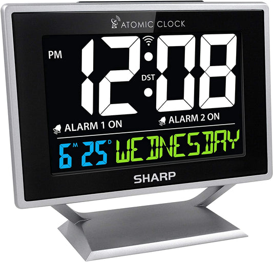 Sharp Desktop Dual Alarm Clock with Color Display - Atomic Accuracy - Calendar & Day of Week Time/Date Display