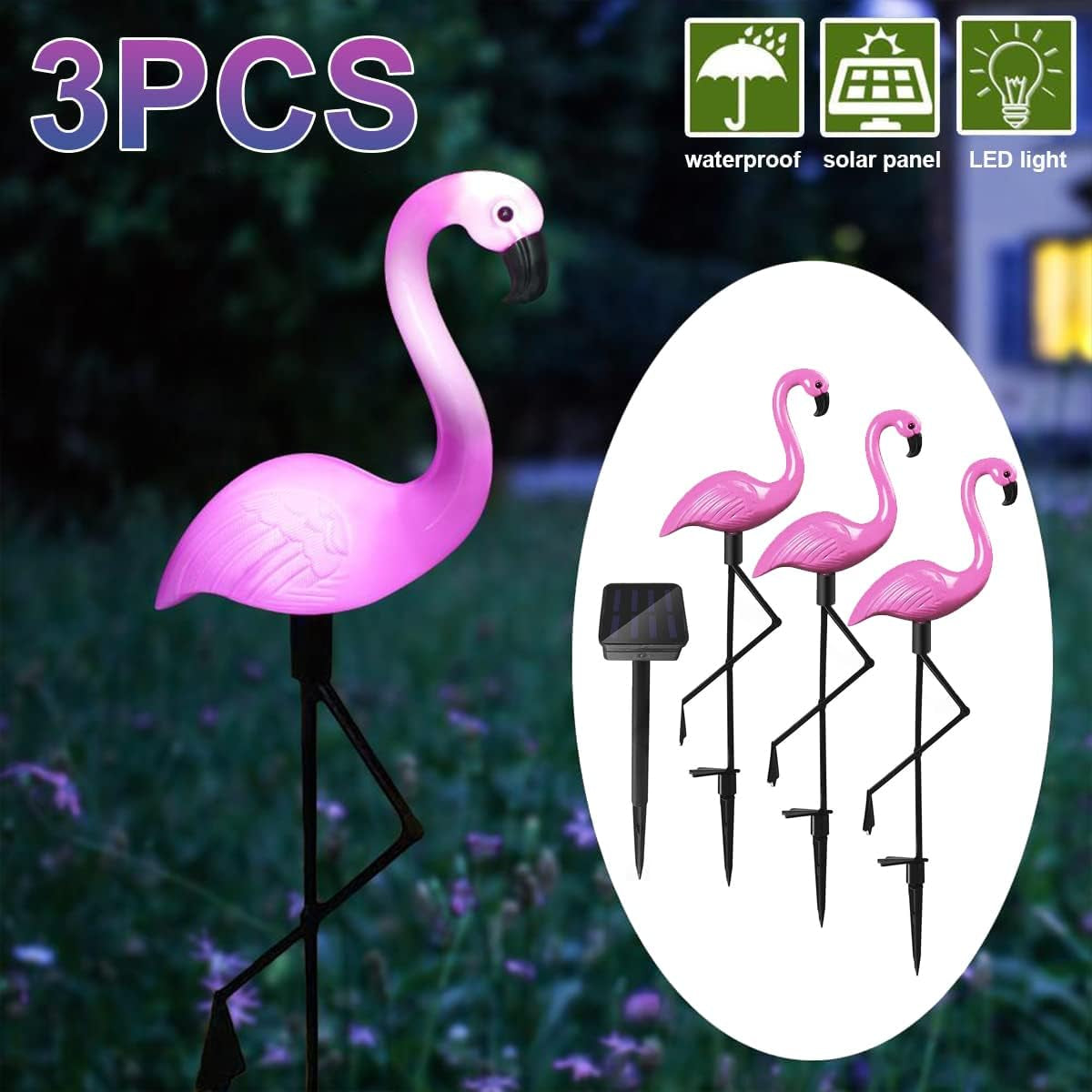 Solar Flamingo Light 3 Pcs, Waterproof Solar Garden Lights Outdoor Decor, Pink Flamingo Garden Decor, Birthday Christmas New Home Gift, for Yard Lawn Walkway Pathway