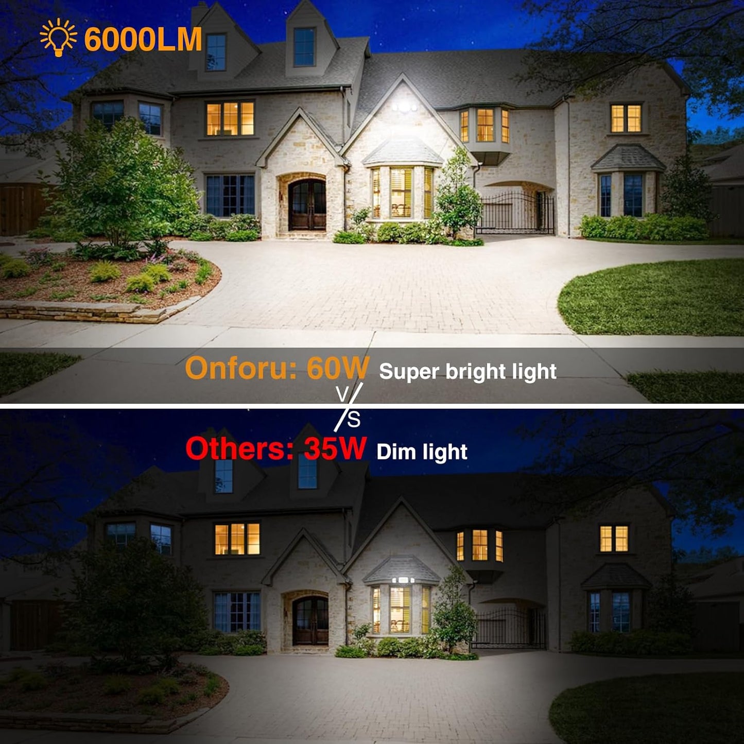 Onforu 60W Flood Lights Outdoor, 6000LM Brightness Security Lights Switch Controlled, 3 Adjustable Heads, IP65 Waterproof, 6500K Wall Mount Exterior LED Flood Light