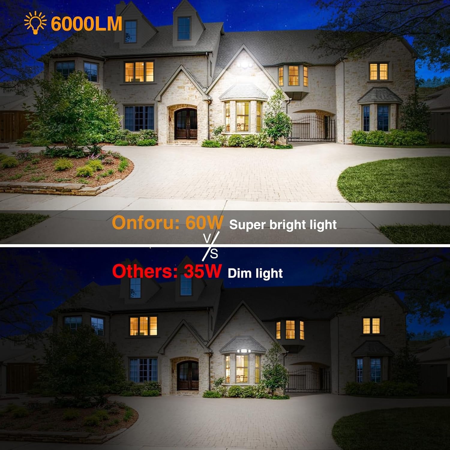 Onforu 60W Flood Lights Outdoor, 6000LM Brightness Security Lights Switch Controlled, 3 Adjustable Heads, IP65 Waterproof, 6500K Wall Mount Exterior LED Flood Light