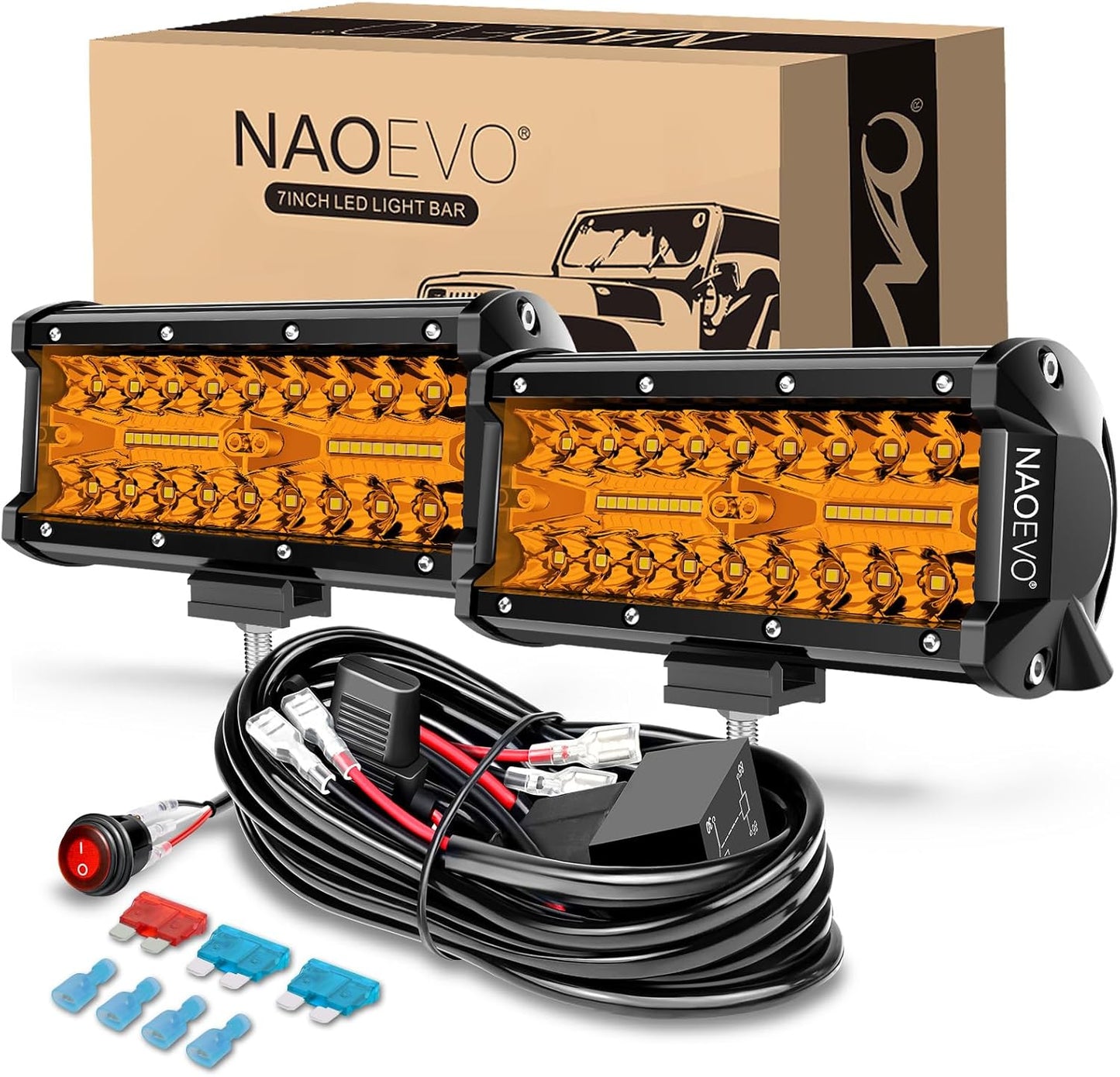 NAOEVO 7 Inch LED Light Bar, 240W 24,000LM Offroad Fog/Driving Lights LED Pods with 2 Leads Wiring Harness Kit, Spot Flood Combo Beam, LED Work Lights for Truck Boat UTV ATV, 2-Pack (White)