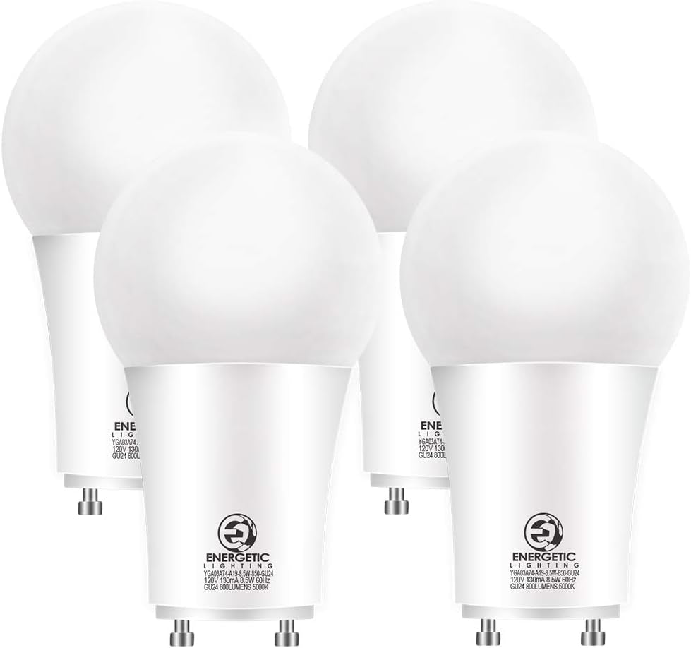 Energetic LED GU24 Light Bulbs, A19 Shape, 60 Watt Equivalent (8.5W), 2700K Soft White, 800 Lumens, Non-Dimmable, 2 Prong Twist and Lock Base, UL Listed, 4 Pack