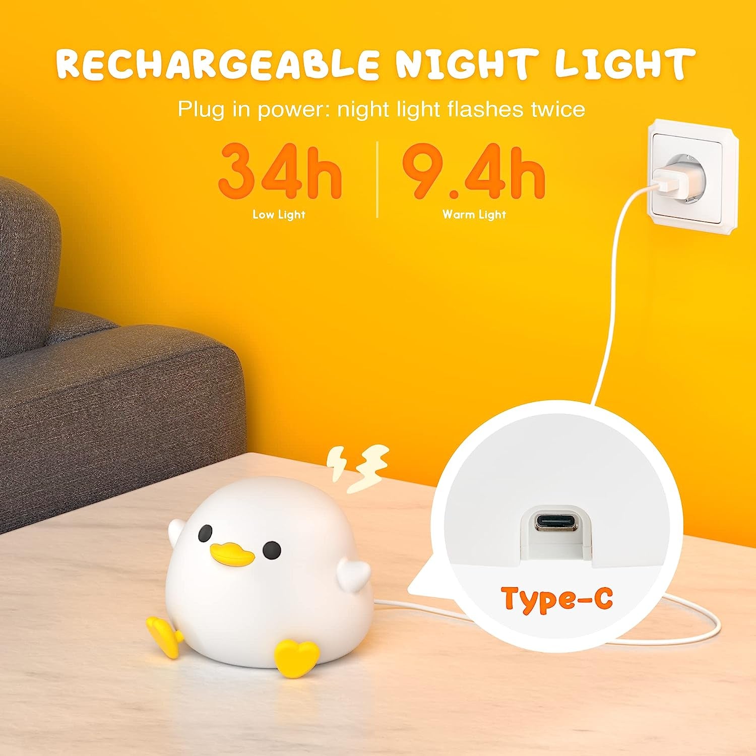 UNEEDE LED Cute Bean Duck Night Light, Dodo Duck Silicone Nursery Night Light Rechargeable Table Lamp Bedside Lamp with Touch Sensor for Bedrooms, Living Room