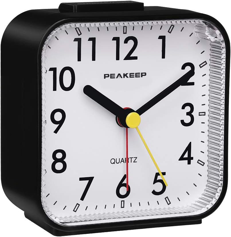 Peakeep Small Battery Operated Analog Travel Alarm Clock Silent No Ticking, Lighted on Demand and Snooze, Beep Sounds, Gentle Wake, Ascending Alarm, Easy Set (Black)