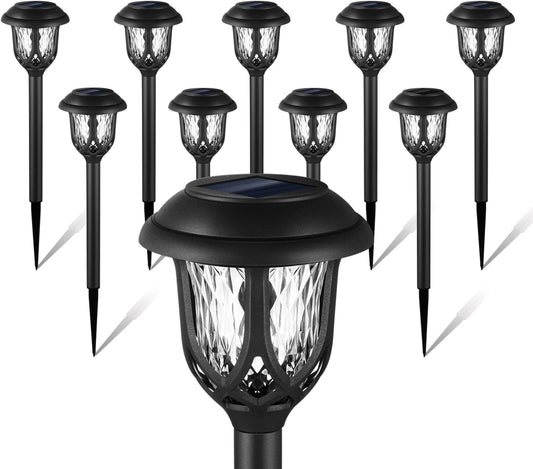 10 Pack Solar Lights Outdoor Decorative, Solar Pathway Lights Outdoor, Solar Powered Garden Yard Lights for Walkway Sidewalk Driveway. (Black, Cool White)