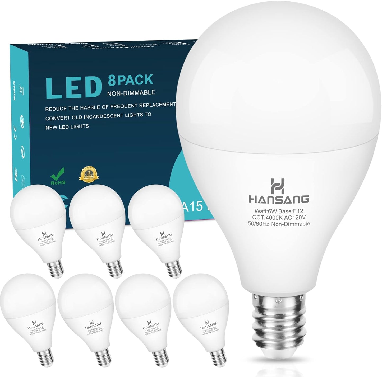 Hansang E12 LED Bulb, Daylight 5000K, 60 Watt Equivalent Ceiling Fan Light Bulbs, E12 Small Base Candelabra LED Light Bulbs, 600 Lumen CRI 85+ Eye Protection, Non-Dimmable 120V (85-265V Range) 6 Pack