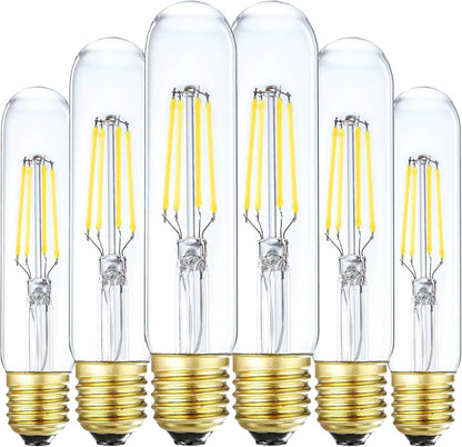 6 Pack T10 Tubular Light Bulbs, 25W Bulb, Clear Incandescent, E26 Medium Base, Warm White, Dimmable Vintage Tubular Style Showcase Bulb