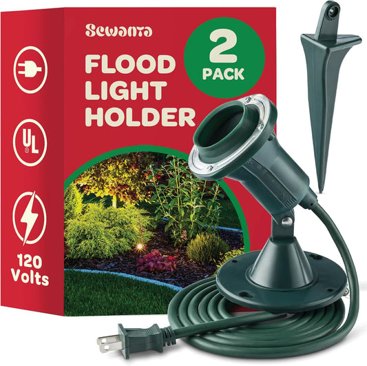 Outdoor Flood Light Holder [Set of 2] Floodlight Fixture with Stake & Wall Mount Base - Durable, Weather Resistant/Heavy Duty - ETL Listed 6-Ft Cord, Green Landscape Lamp. Use with 120 Volt PAR38 Bulb