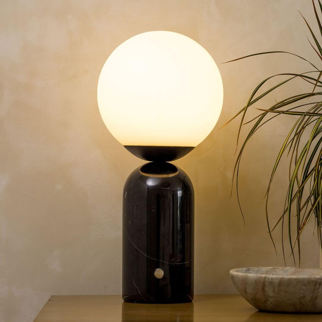 Brightech Mila Tall LED Table Lamp - Bedside Reading Light with Elegant Marble Base, Globe Lamp Shade - Modern Desk and Nightstand Lamp with Ambient Lighting for Bedroom, Living Room, Office - Black
