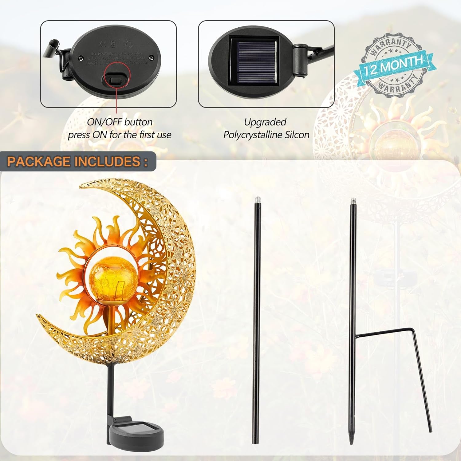 LICKLIP Garden Solar Lights Outdoor Decorative, Sun & Moon Crackle Glass Globe Metal Stake Light, Waterproof Warm White LED Light, Decorations for Pathway Lawn Patio Courtyard Backyard (1 Pack)