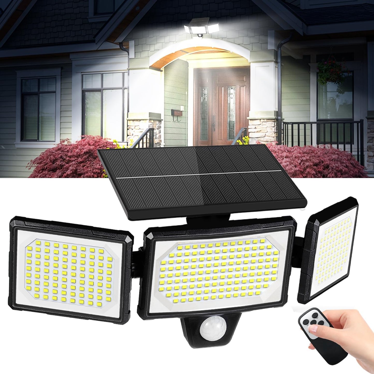 Solar Motion Sensor Outdoor Lights with Stakes, 208 LED Super Bright IP65 Waterproof 3 Heads Solar Powered Security Flood Lights for Outside