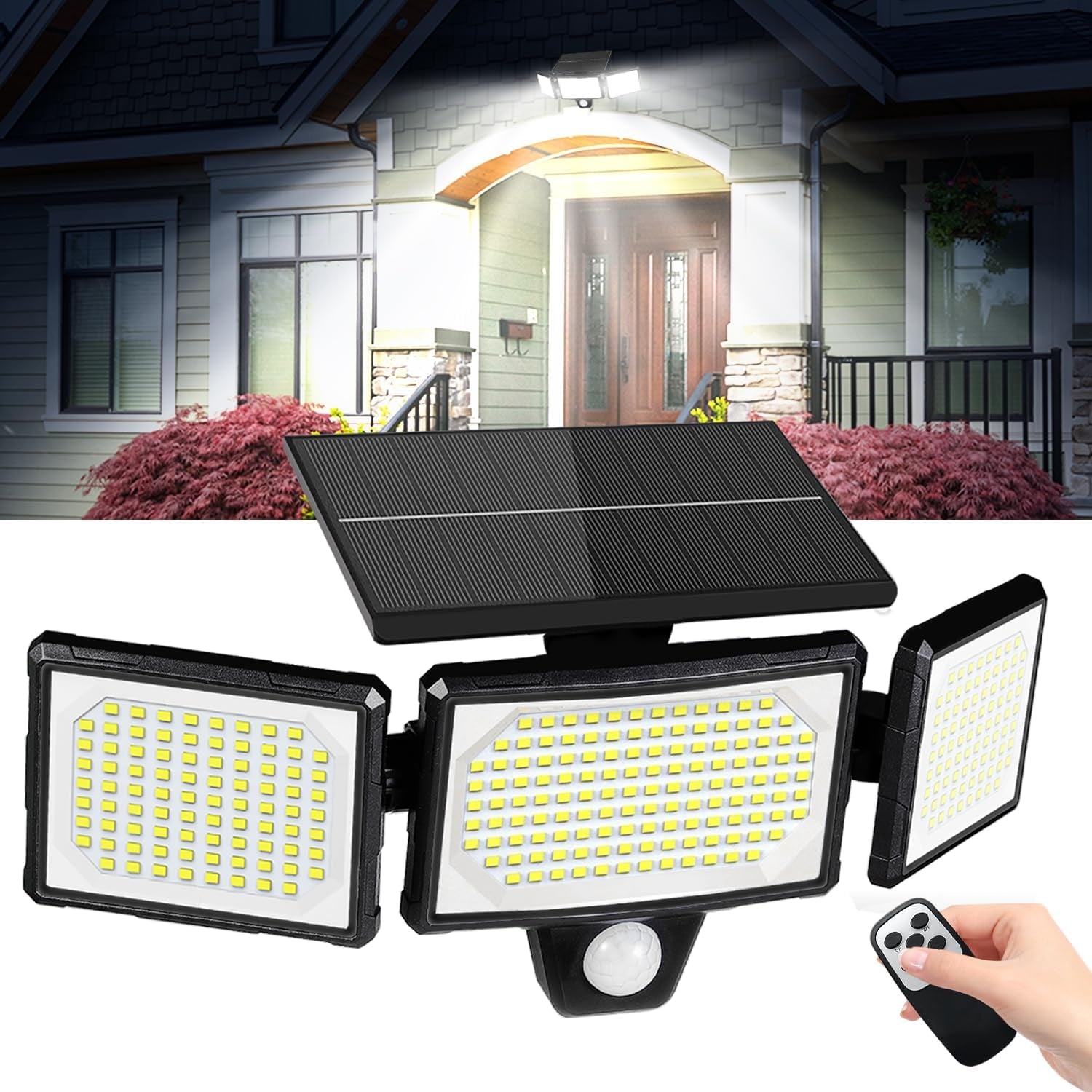 Solar Motion Sensor Outdoor Lights with Stakes, 208 LED Super Bright IP65 Waterproof 3 Heads Solar Powered Security Flood Lights for Outside