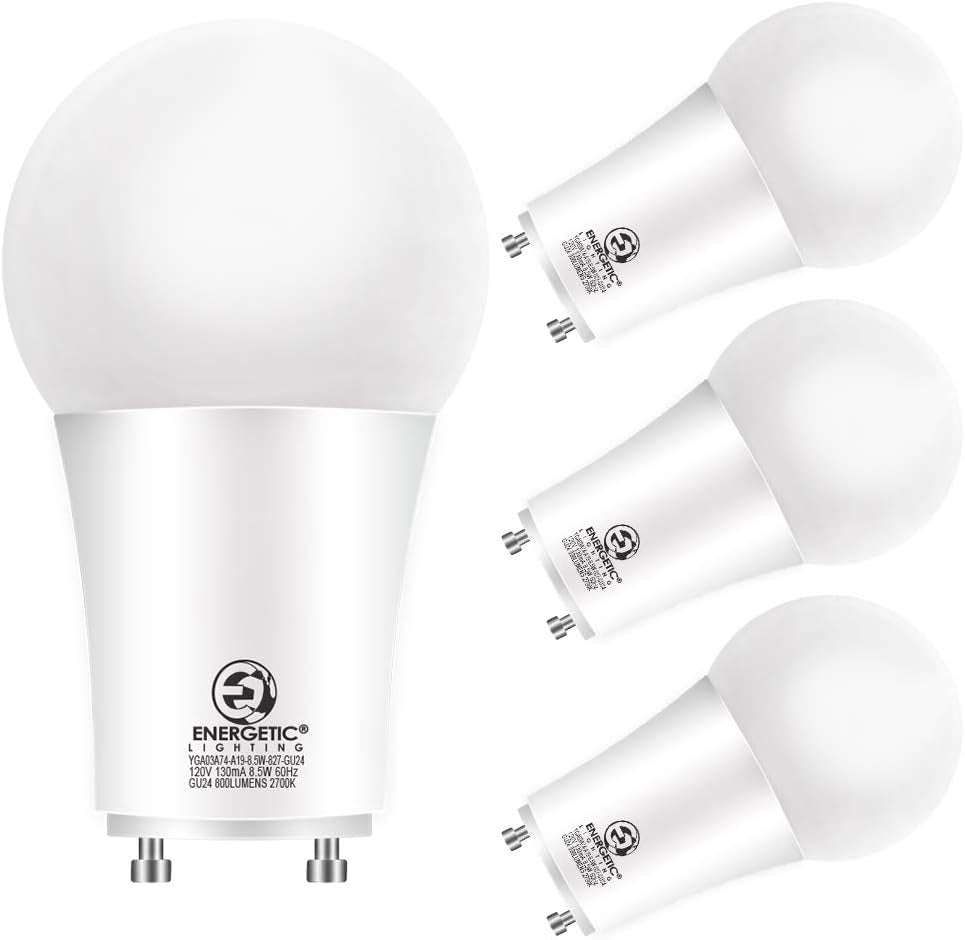 Energetic LED GU24 Light Bulbs, A19 Shape, 60 Watt Equivalent (8.5W), 2700K Soft White, 800 Lumens, Non-Dimmable, 2 Prong Twist and Lock Base, UL Listed, 4 Pack