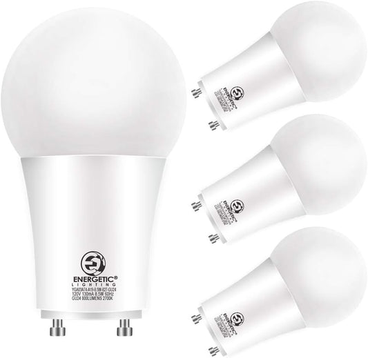 Energetic LED GU24 Light Bulbs, A19 Shape, 60 Watt Equivalent (8.5W), 2700K Soft White, 800 Lumens, Non-Dimmable, 2 Prong Twist and Lock Base, UL Listed, 4 Pack