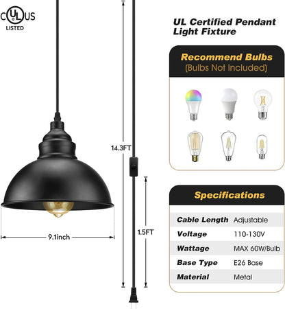 Plug in Pendant Light, 15FT Hanging Lights with Plug in Cord, On/Off Switch, Industrial Pendant Light with Plug in Cord, Metal Hanging Lamps for Living Room, Kitchen, Dining Room, Bedroom