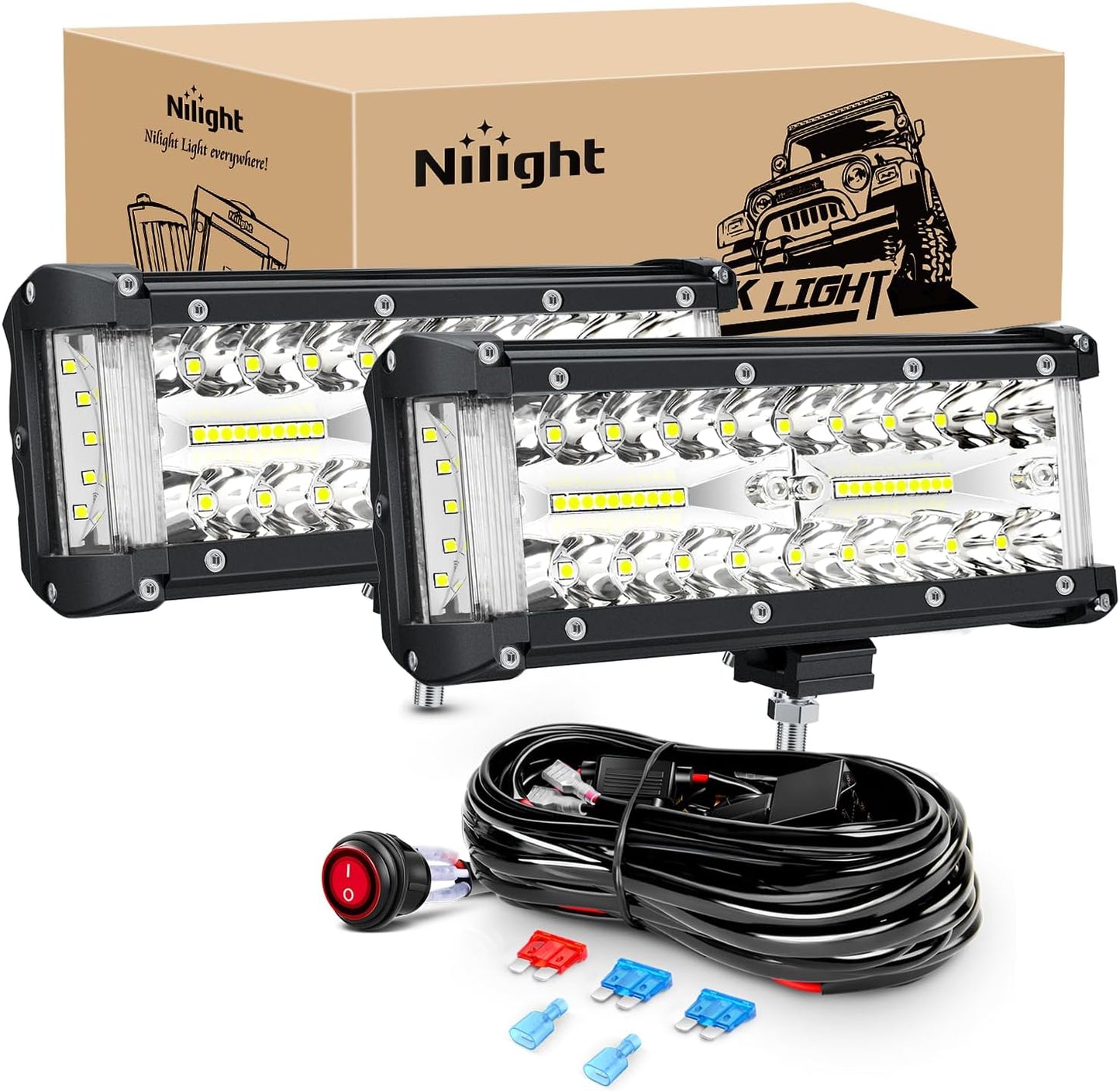 Nilight ZH303 2PCS 6.5 Inch 120W Spot & Flood Combo Driving 16AWG Wiring Harness for Led Work Light Triple Rows Off-Road Truck Car ATV SUV, 2 Years Warranty, White