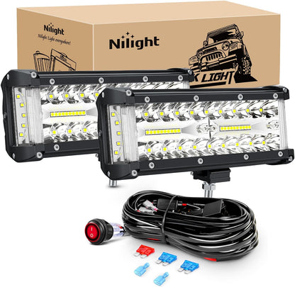 Nilight ZH303 2PCS 6.5 Inch 120W Spot & Flood Combo Driving 16AWG Wiring Harness for Led Work Light Triple Rows Off-Road Truck Car ATV SUV, 2 Years Warranty, White