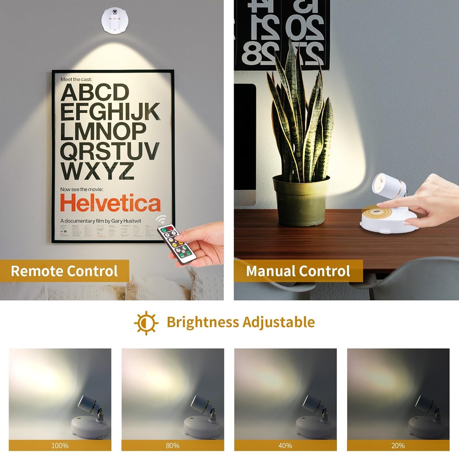 LEASTYLE Spot Lights Battery Operated Picture Lights Mini Accent Lights Indoor Dimmable LED Spotlight with Remote Stick on Anywhere Rotatable Wall Light(2 Pack)