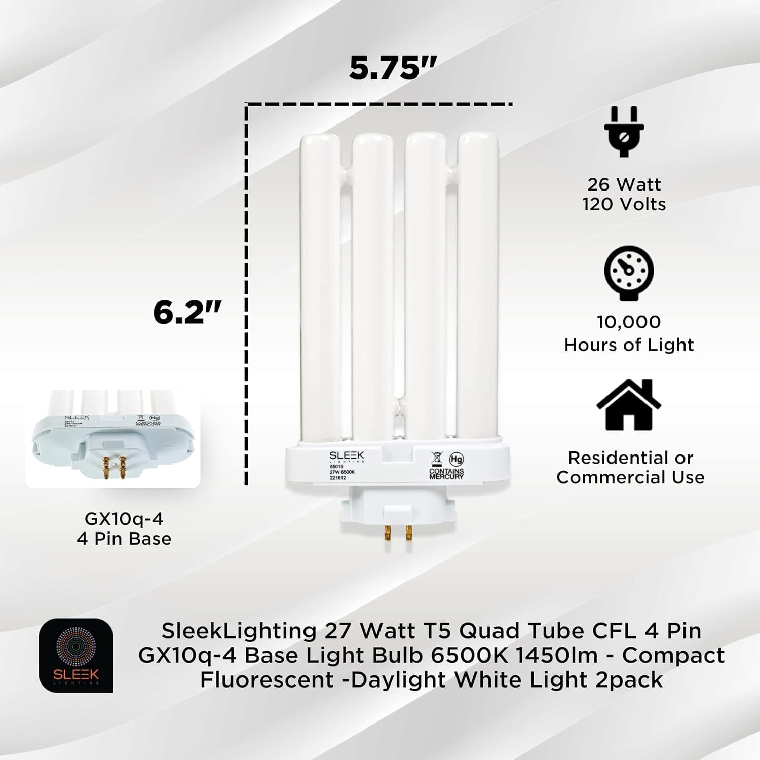 SLEEKLIGHTING 27 Watt T5 Quad Tube CFL 4 Pin Gx10Q-4 Base Light Bulb 6500K 1450Lm - Compact Fluorescent -Daylight White Light (2 Pack)