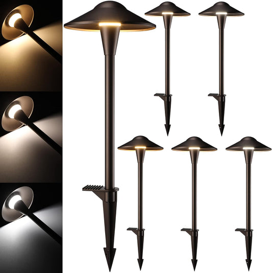 LEONLITE 3CCT Low Voltage Pathway Lights, LED Landscape Path Lights, 3000K/4000K/5000K, Saucer Head, 12-24V AC/DC, IP65 Outdoor Walkway Light, Oil Rubbed Bronze Aluminum, Pack of 6