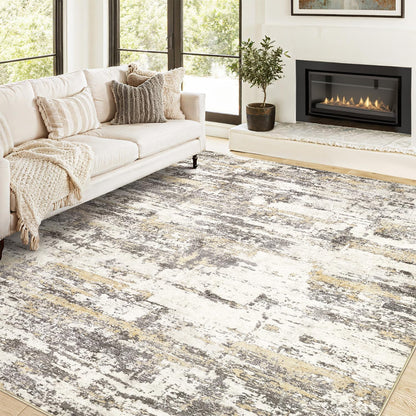 Area Rugs for Living Room: 9X12 Abstract Washable Rug Modern Neutral Large Soft Stain Resistant Non-Slip Backing Machine Table for Bedroom Dining Room Indoor Home Office Carpet - Gold Brown