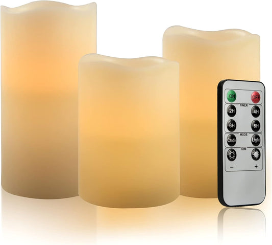 Battery Operated Flameless Candles: Remote Control LED Electric Set of 3 H4”5”6”D2.2” Ivory Real Wax Pillar Flickering Candle with Timer Home Halloween Christmas Gift Deco Ivory Classic Style