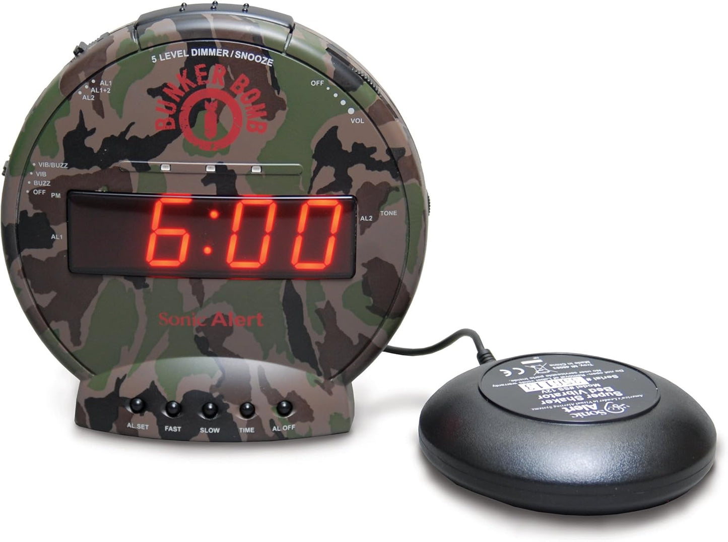 Sonic Bomb Dual Extra Loud Alarm Clock with Bed Shaker, Black | Sonic Alert Vibrating, Heavy Sleepers, Battery Backup | Wake with a Shake