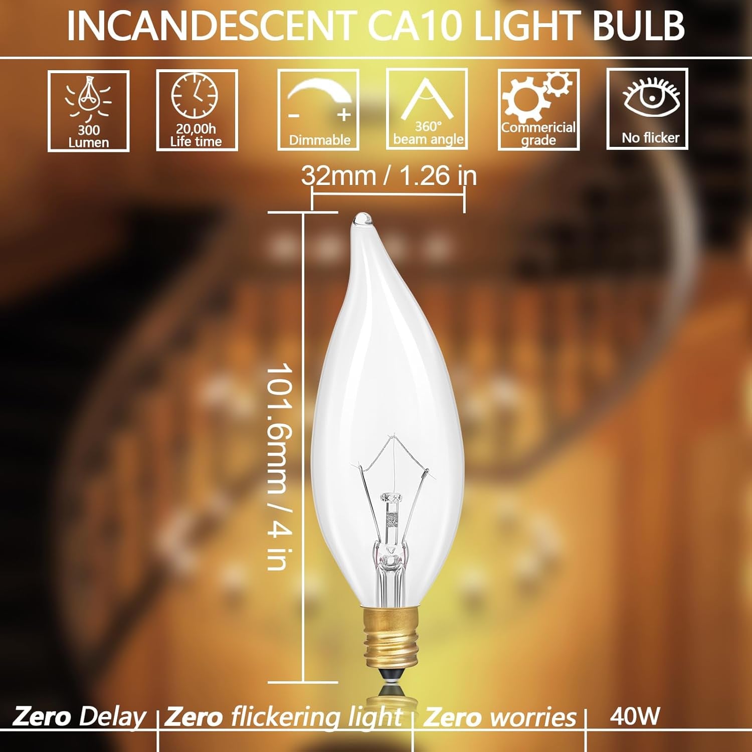 Potanro E12 Incandescent Light Bulbs 40Watt Warm White 2700K, 300 Lumens Candelabra Light Bulbs Decorative Dimmable Chandelier Light Bulbs for Ceiling Fan, Pendants (40W-12Pack)