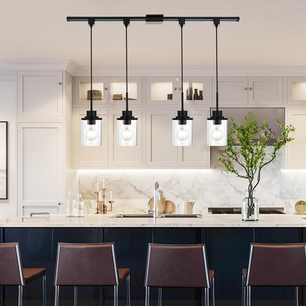 4-Lights H-Type Track Lighting Kitchen Pendant Light Dimmable Black Track Pendant Lighting Fixtures with Clear Glass Shades, Overall Height Approximately 45.8 Inches