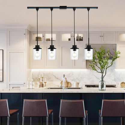 4-Lights H-Type Track Lighting Kitchen Pendant Light Dimmable Black Track Pendant Lighting Fixtures with Clear Glass Shades, Overall Height Approximately 45.8 Inches