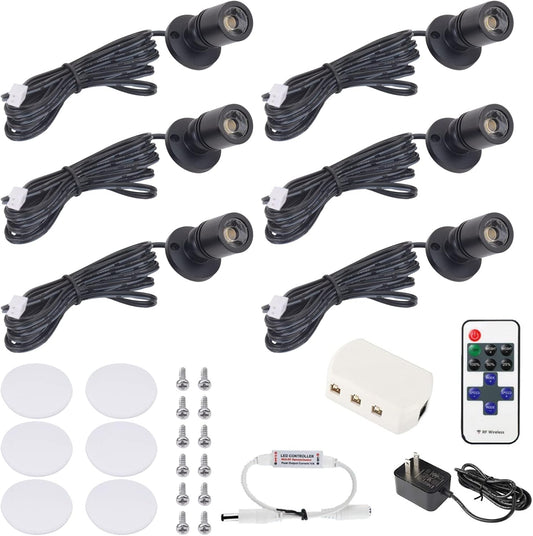 DEDC 6Pcs LED Mini Spot Light, 3000K Spotlights with IR Dimmer, Art Picture Lights, Closet Spotlight for Plants Jewelry Showcase Model Display Shelves (Warm White-Remote Control-U.S. Plugs)
