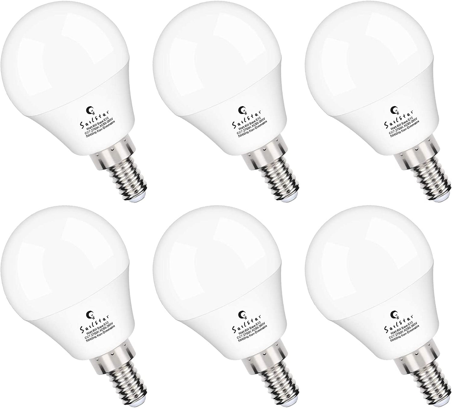 Sailstar A15 Ceiling Fan Light Bulbs, E12 Base, 6Watt (60-Watt Replacement), Soft White 2700K, Non-Dimmable, Candelabra Base LED Light Bulb, 6 Pack