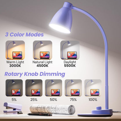BOHON LED Desk Lamp with USB Charging Port, 3 Color Modes Fully Dimmable Reading Lamp, Auto Dimming Task Lamp, Flexible Gooseneck Table Light for Office Dorm Bedside, Adapter Include, Lilac Purple