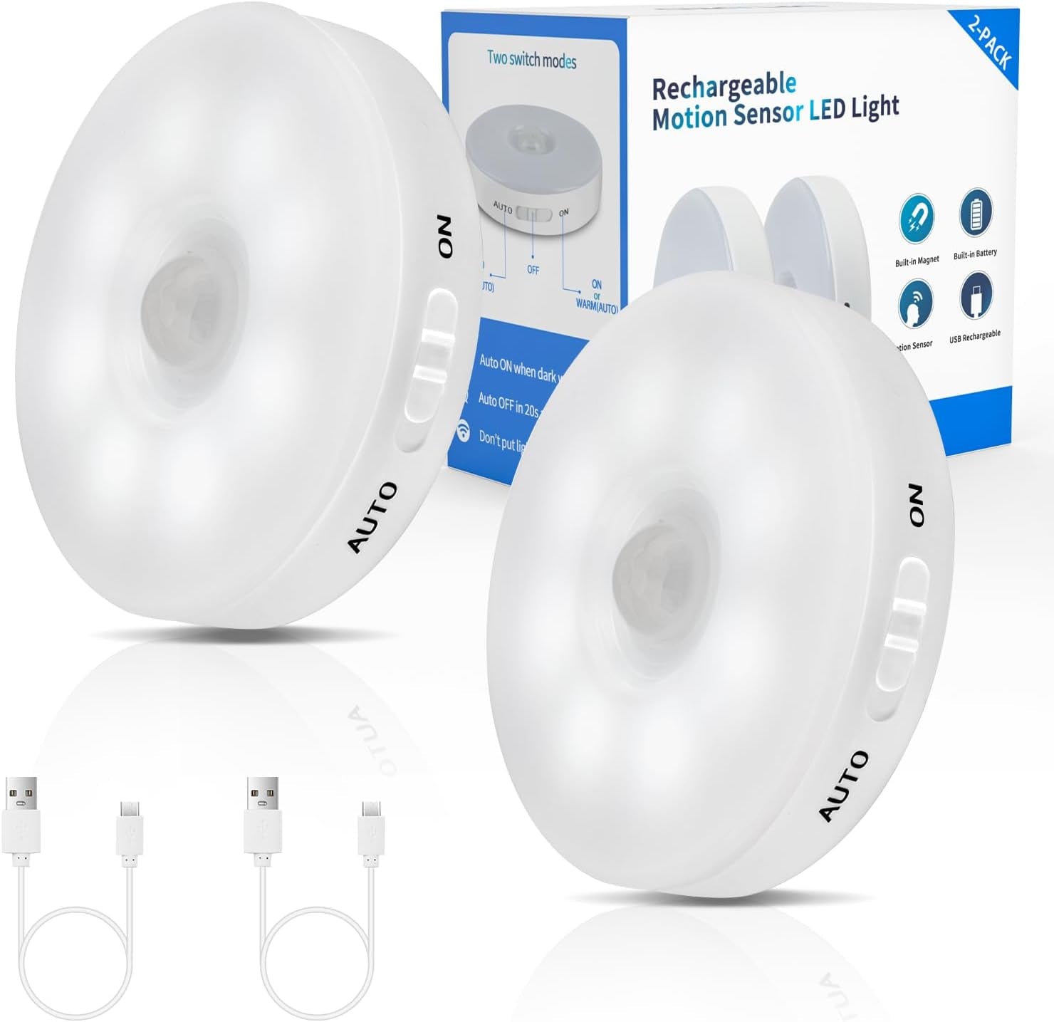 Improved LED Rechargeable Motion Sensor Light Indoor, Long-Lasting Battery, Closet Lights Motion Sensored, Motion Sensor Night Light, Puck Lights for Closet, Cabinet, Kitchen - Cool 2Pack