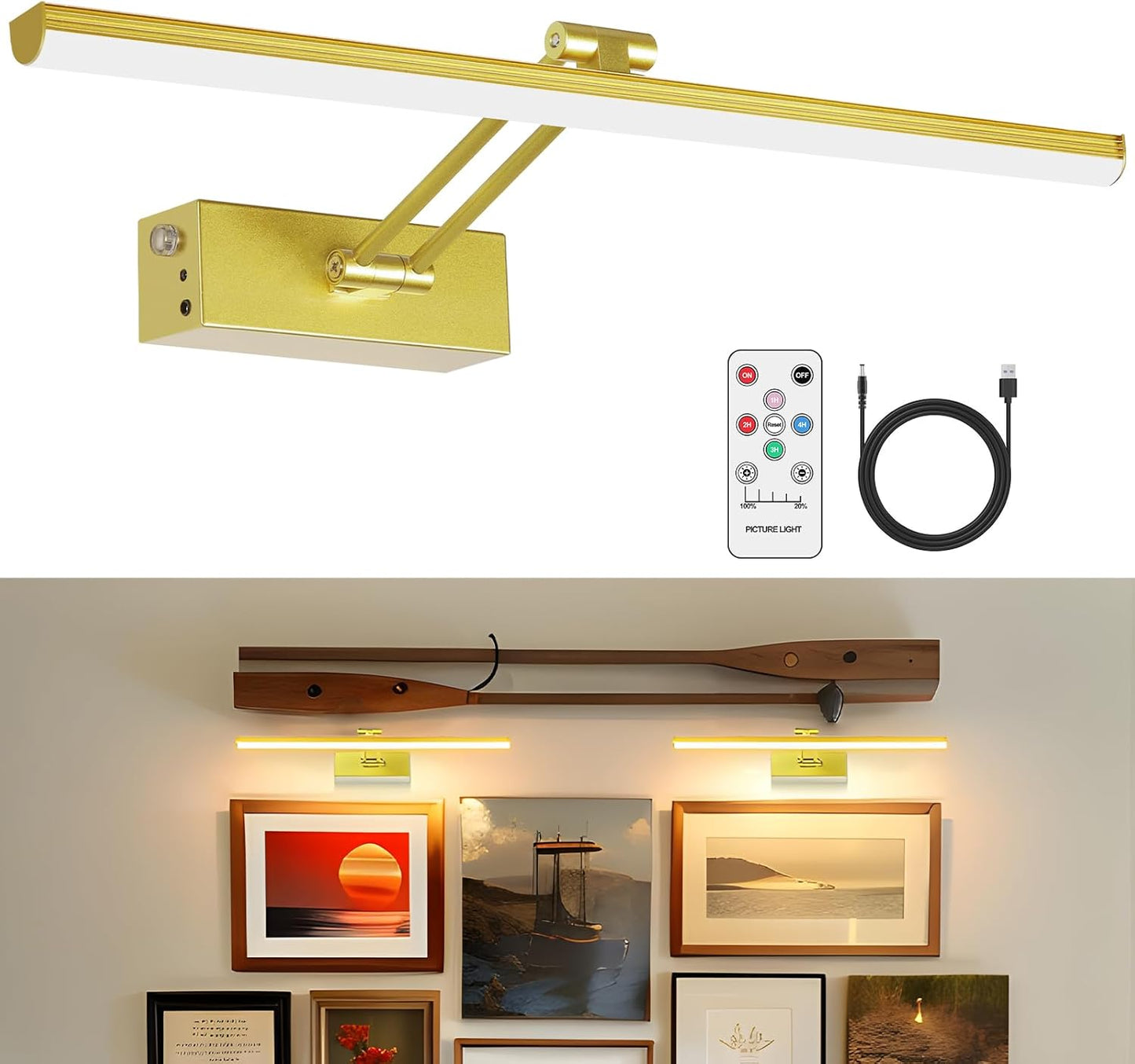 5200Mah Picture Light, Battery Operated Picture Lights for Wall, 16" Remote LED Art Light with Timer for Paintings, Dimmable Metal Painting Light for Display, Gallery (Gold)