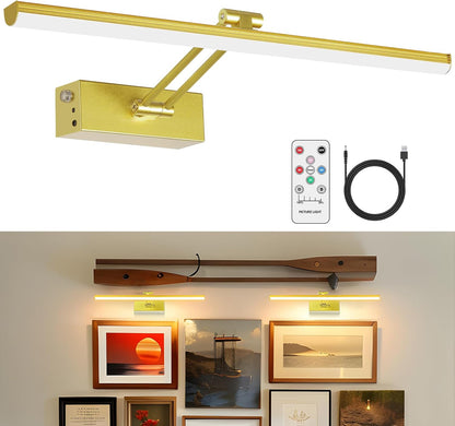 5200Mah Picture Light, Battery Operated Picture Lights for Wall, 16" Remote LED Art Light with Timer for Paintings, Dimmable Metal Painting Light for Display, Gallery (Gold)