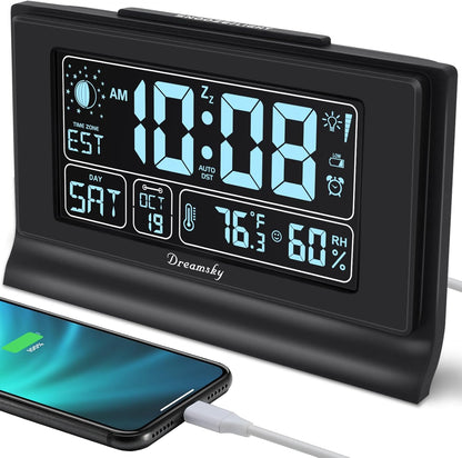 Dreamsky Alarm Clocks for Bedrooms with Battery Backup, Auto Set Digital Clock with Date and Day of Week, Temperature, USB Port, Auto DST, Dimmer, 12/24H