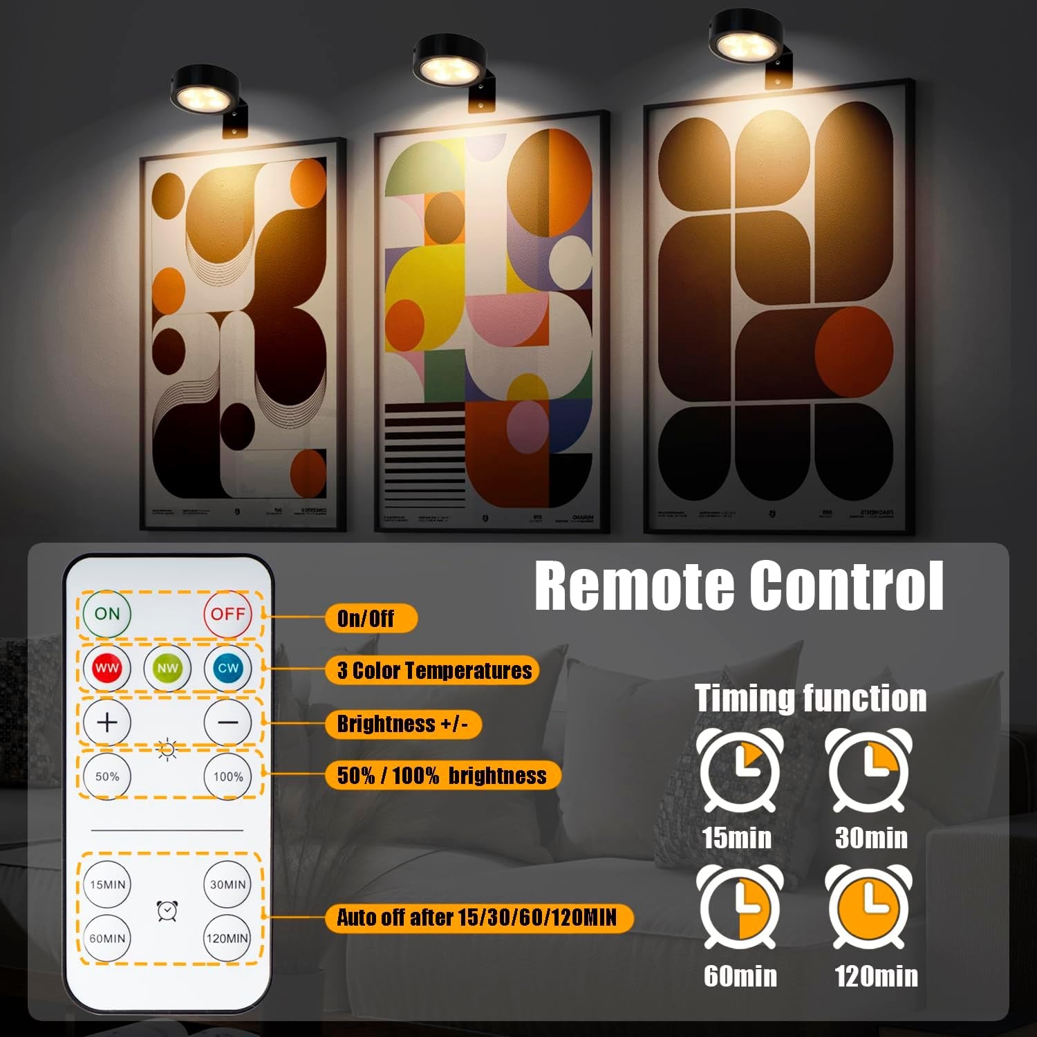 3Pack LED Picture Light Magnetic Painting Light with Remote and Dimmable Timer, LED Picture Frame Lights for Wall, Art Display Light with 3 Lighting Modes, Wireless Wall Decor Puck Lights, Black