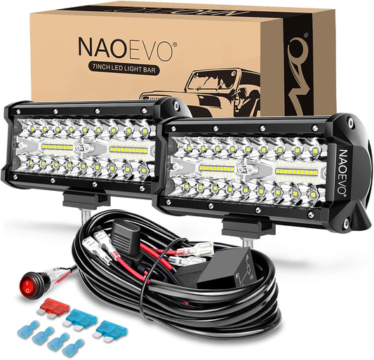 NAOEVO 7 Inch LED Light Bar, 240W 24,000LM Offroad Fog/Driving Lights LED Pods with 2 Leads Wiring Harness Kit, Spot Flood Combo Beam, LED Work Lights for Truck Boat UTV ATV, 2-Pack (White)