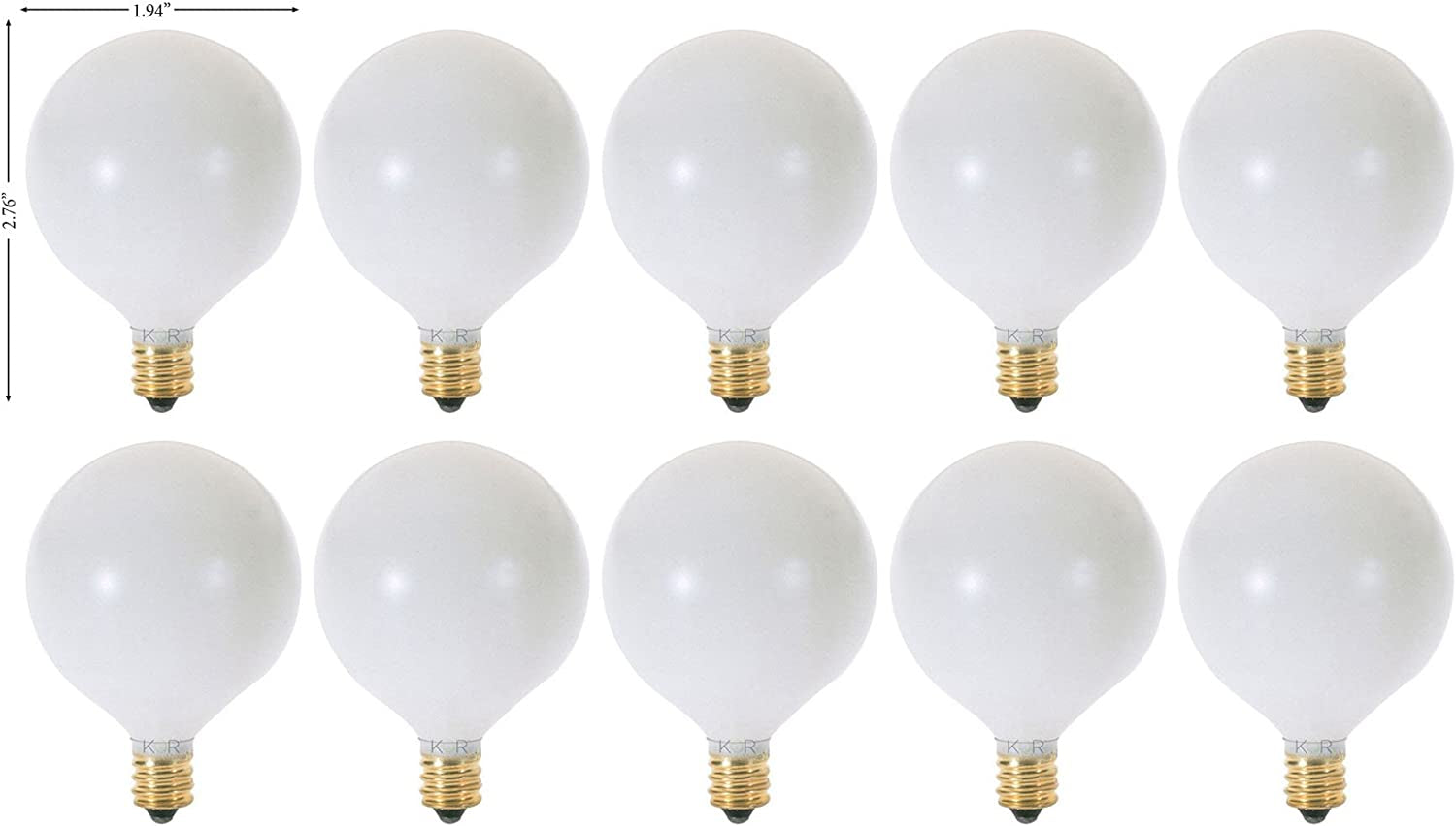 KOR (Pack of 10) G16.5 White Finsh Decorative (E12) Candelabra Base Globe Shape Incandescent 120V G16 1/2 Light Bulbs (25)