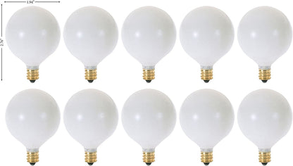 KOR (Pack of 10) G16.5 White Finsh Decorative (E12) Candelabra Base Globe Shape Incandescent 120V G16 1/2 Light Bulbs (25)