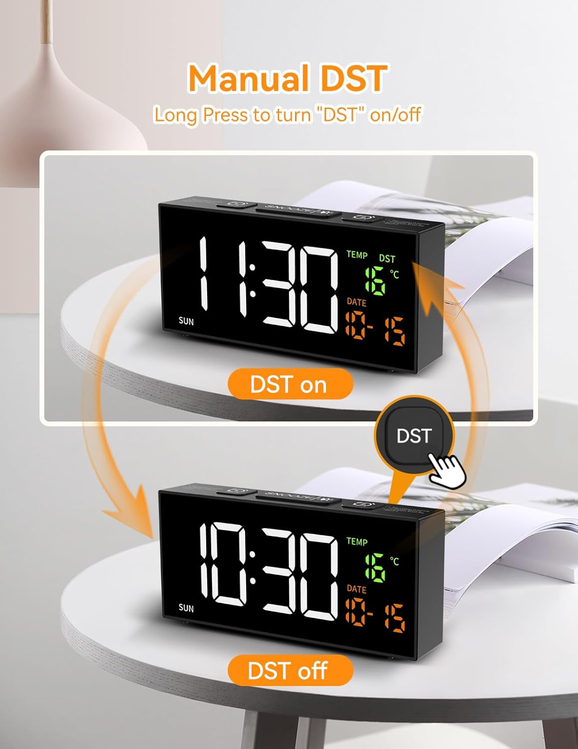 Netzu Alarm Clocks for Bedrooms, Digital Clock with Date Temperature and Weekday, Manual DST, Snooze, 2 Alarms, 4 Volumes for Living Room Home Bedside Desk (Black)