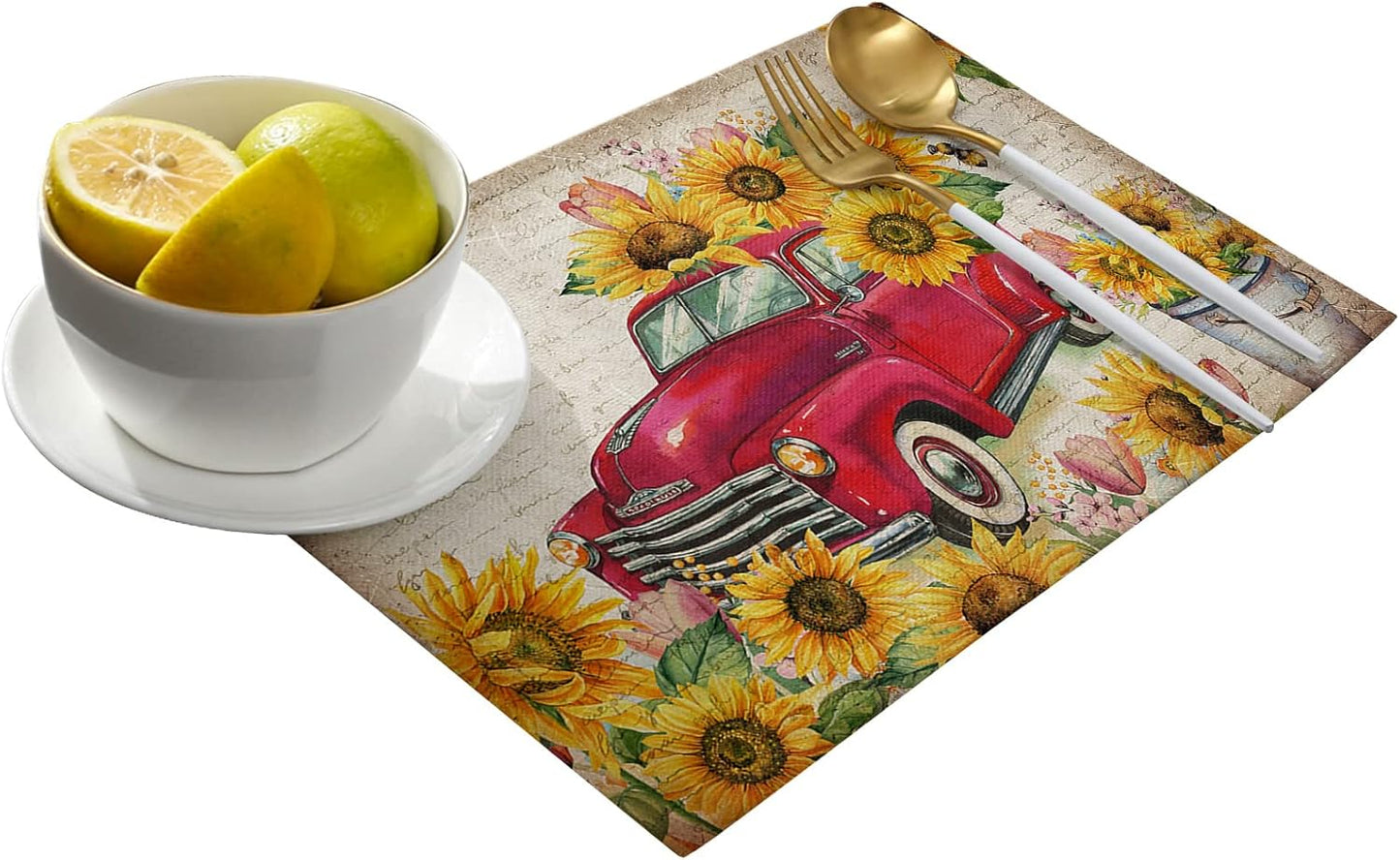 Sunflower Placemats, Red Truck Placemats for Dining Table, Farmhouse Decor Floral Placemats Set of 6, Heat-Resistant Washable Place Mats, Kitchen Table Mats for Party Sunflower Kitchen Decor Placemats