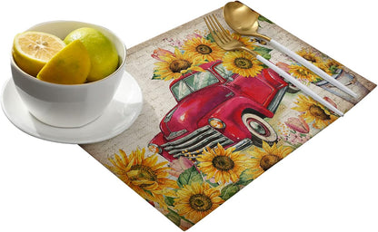Sunflower Placemats, Red Truck Placemats for Dining Table, Farmhouse Decor Floral Placemats Set of 6, Heat-Resistant Washable Place Mats, Kitchen Table Mats for Party Sunflower Kitchen Decor Placemats