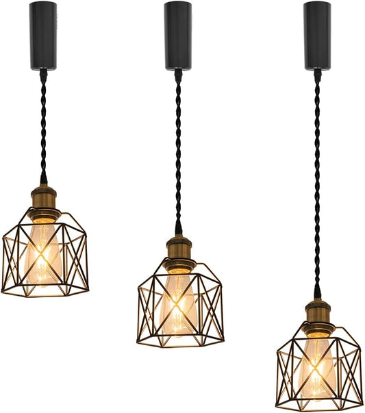 3-Pack Adjustable Wire Length H-Type Track Hanging Light 3.9 Ft Black Cord E26 Base Black Hollow Metal Pendant Light Fixture,Industrial Retro Loft Aisle Bar Lamp Bulb and Track Not Included