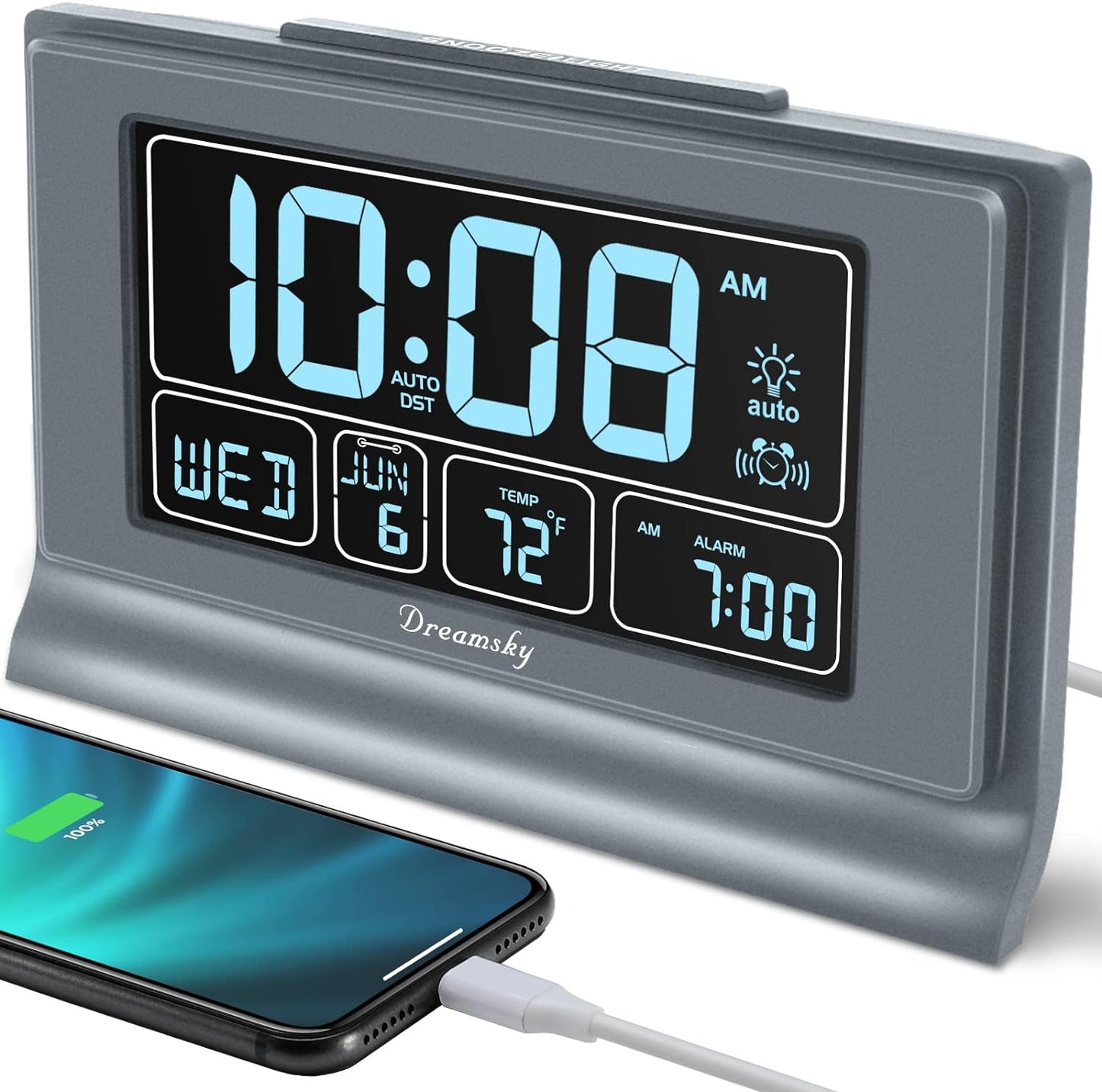 Dreamsky Alarm Clocks for Bedrooms with Battery Backup, Auto Set Digital Clock with Date and Day of Week, Temperature, USB Port, Auto DST, Dimmer, 12/24H
