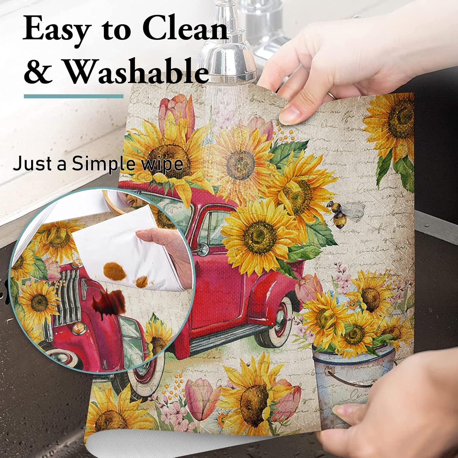 Sunflower Placemats, Red Truck Placemats for Dining Table, Farmhouse Decor Floral Placemats Set of 6, Heat-Resistant Washable Place Mats, Kitchen Table Mats for Party Sunflower Kitchen Decor Placemats