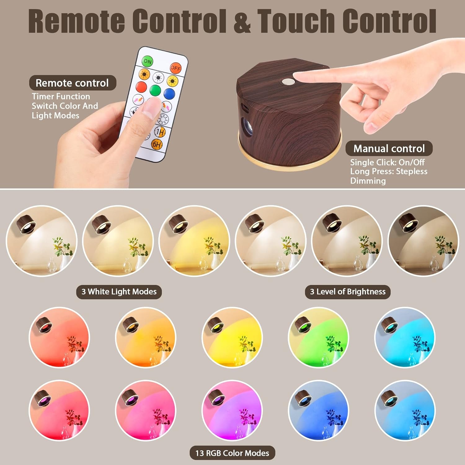 Battery Operated Wall Sconce, LED Rechargeable Wireless Wall Lights 3 White & 13 RGB Stepless Dimmable, 360°Rotate Magnetic Ball for Reading in Bed (Walnut Wood, 1PCS)